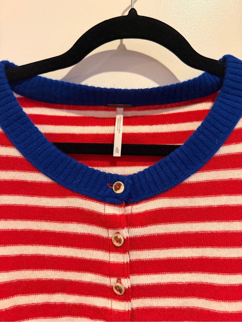 Striped Red and White Free People Button-Up Sweater with Blue Trim - Picture 3 of 4